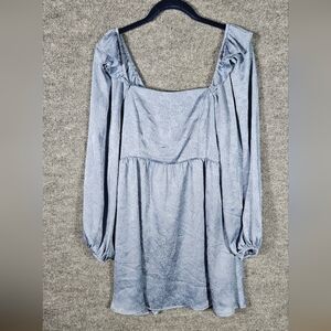 Altar'd State Powder Blue Long Sleeve Bubble Dress M, Satin Embossed NWT